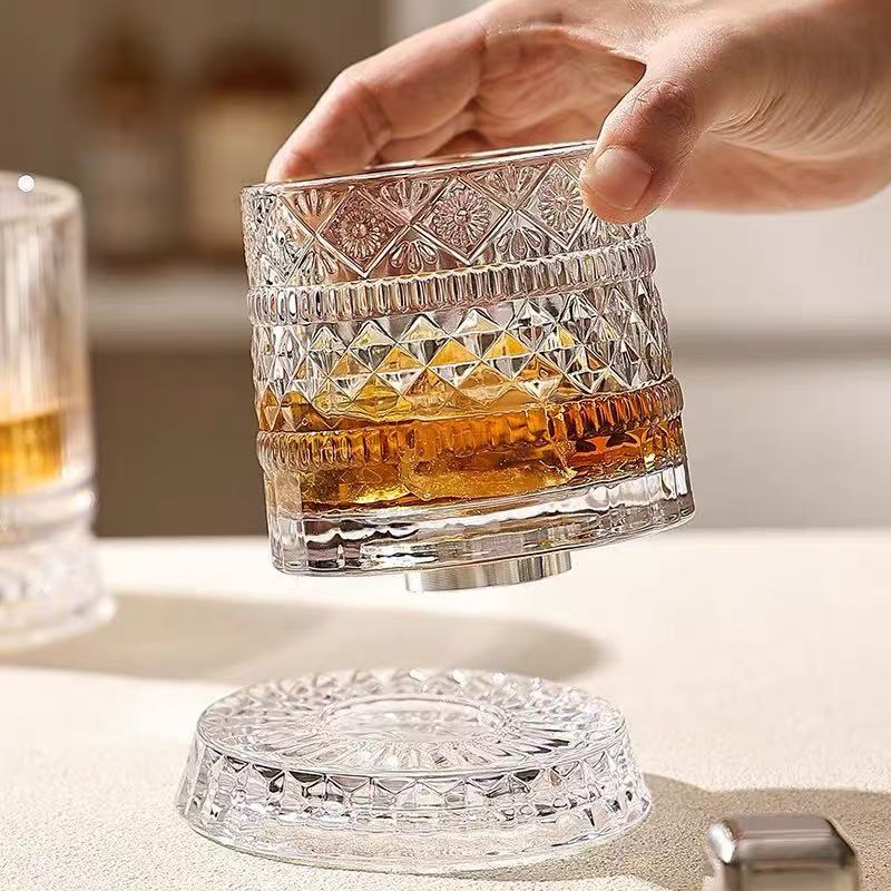 Whiskey Glasses Set of 2, Rotatable Tumbler Crystal Glass Cups, Drinking Glasses