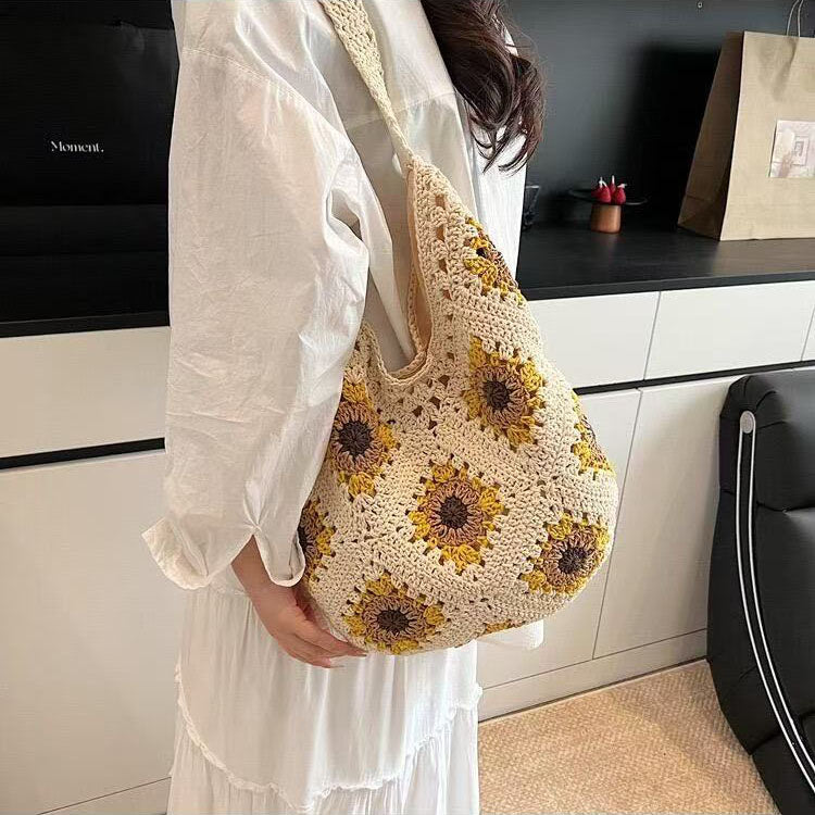 Handcrafted Sunflower Cotton Shoulder Bag – Versatile Beach & Casual Tote
