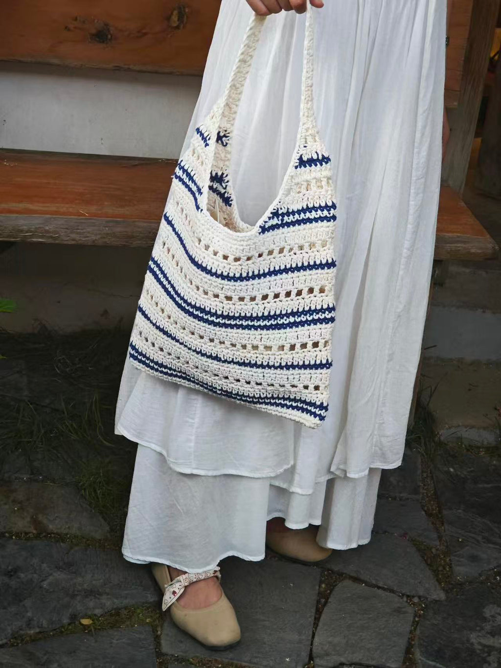 Handmade Crochet Cotton Bag – Hollow Knit Summer Shoulder Tote for Beach Days