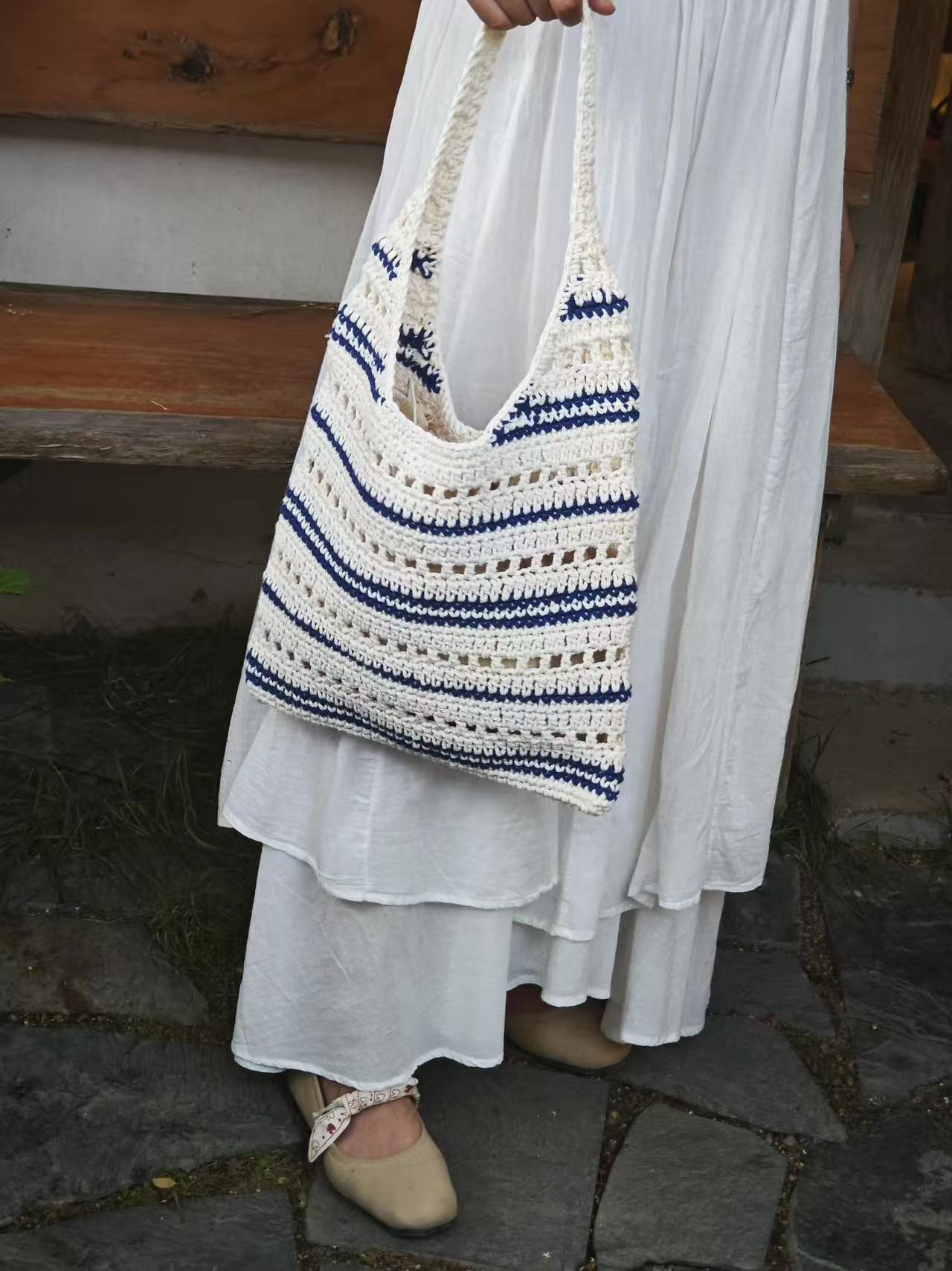 Handmade Crochet Cotton Bag – Hollow Knit Summer Shoulder Tote for Beach Days