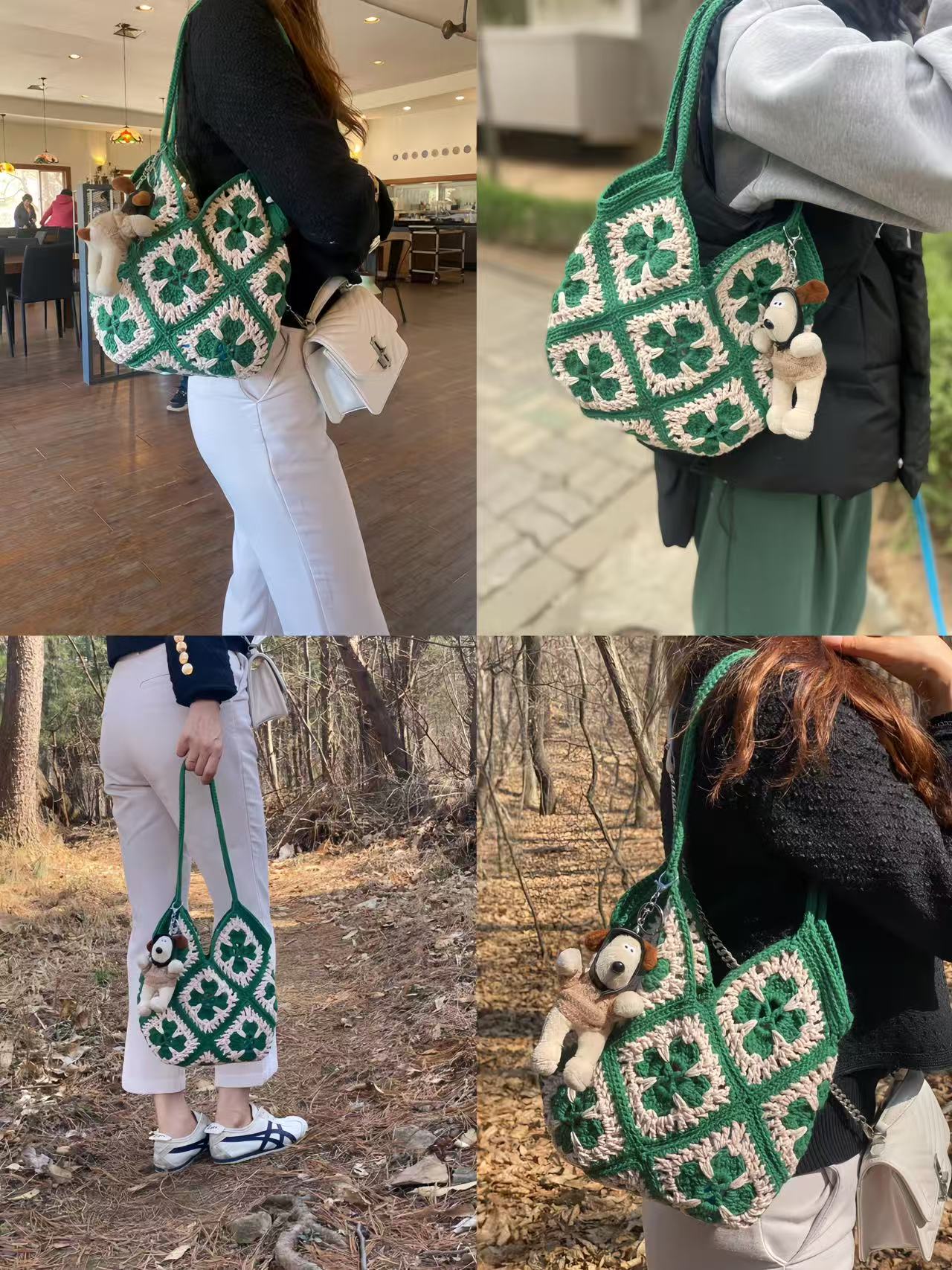 Handmade Crochet Tote Bag, Lucky Clover Knitted Shoulder Bag, Large Capacity Casual Purse for Work and Daily Use