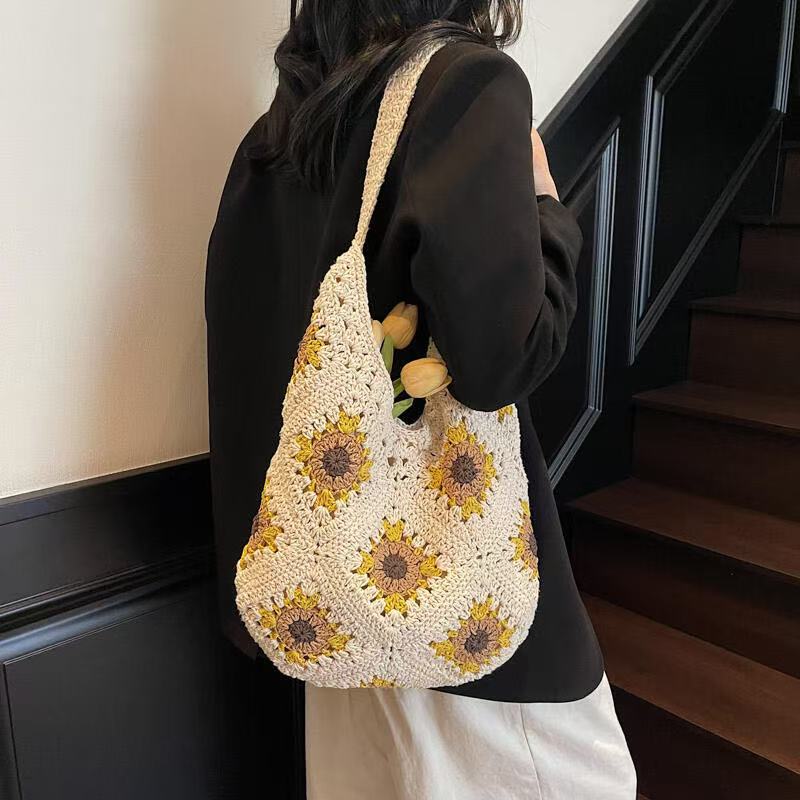 Handcrafted Sunflower Cotton Shoulder Bag – Versatile Beach & Casual Tote