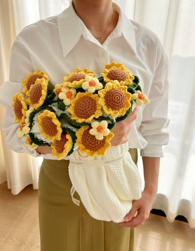 Sunflower Bouquet Blanket - Rustic Floral Throw, Hand-Knitted Puff Flower Blanket, Rose Bouquet Cozy Throw, Unique 3D Floral Design for Family, Friends & Partners.