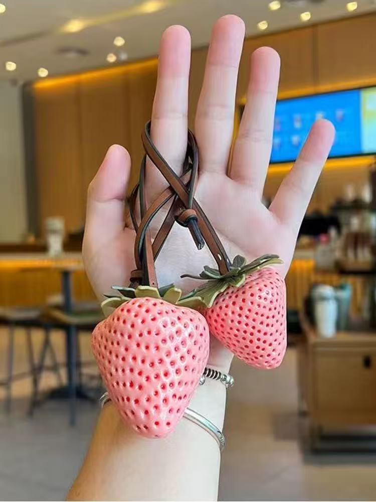 4 Strawberry Charm Keychain –  Red & pink Fruit Pendant for Bags & Cars