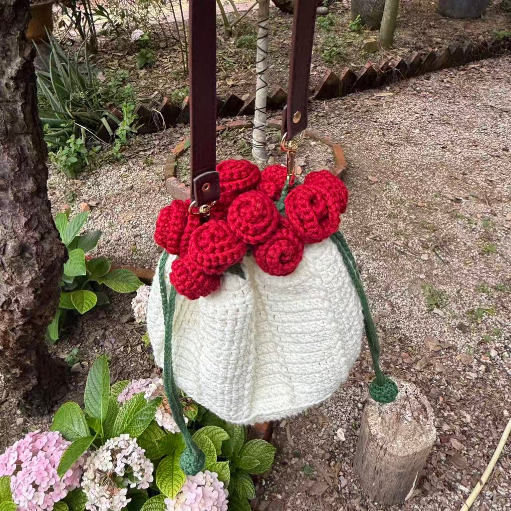 Handmade Crochet Rose Drawstring Bag, Romantic Flower Bouquet Crossbody Purse for Women, Kawaii Floral Knit Satchel Handbag