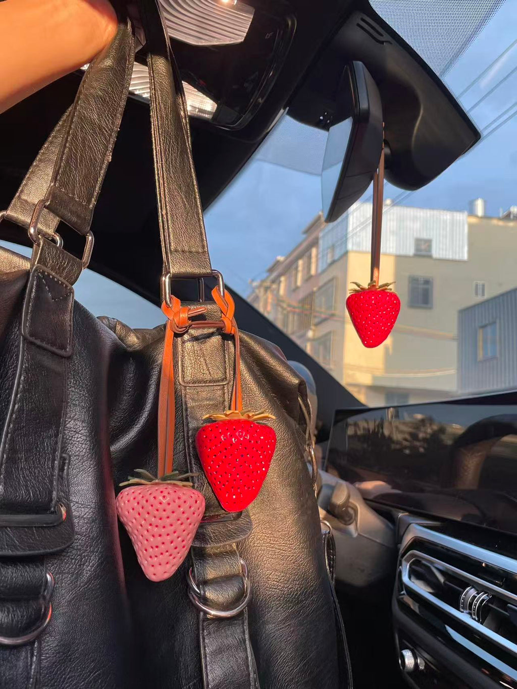 4 Strawberry Charm Keychain –  Red & pink Fruit Pendant for Bags & Cars