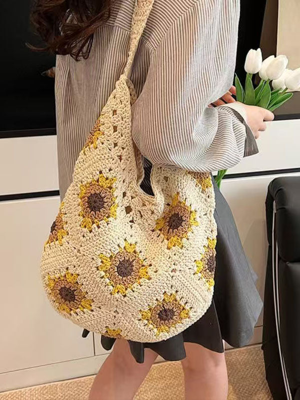 Handcrafted Sunflower Cotton Shoulder Bag – Versatile Beach & Casual Tote