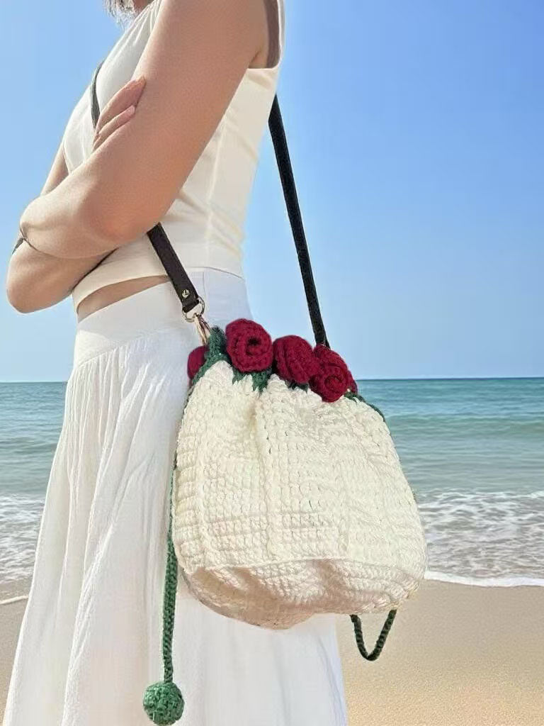 Handmade Crochet Rose Drawstring Bag, Romantic Flower Bouquet Crossbody Purse for Women, Kawaii Floral Knit Satchel Handbag