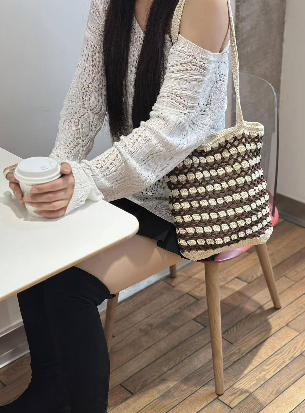 Handmade Waffle Crochet Shoulder Bag – Cotton Yarn Tote for Everyday Use