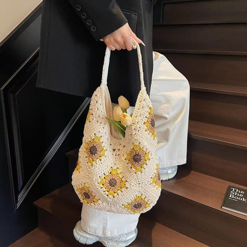 Handcrafted Sunflower Cotton Shoulder Bag – Versatile Beach & Casual Tote