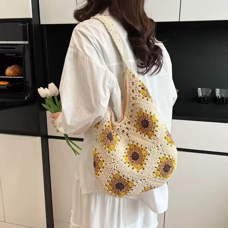Handcrafted Sunflower Cotton Shoulder Bag – Versatile Beach & Casual Tote