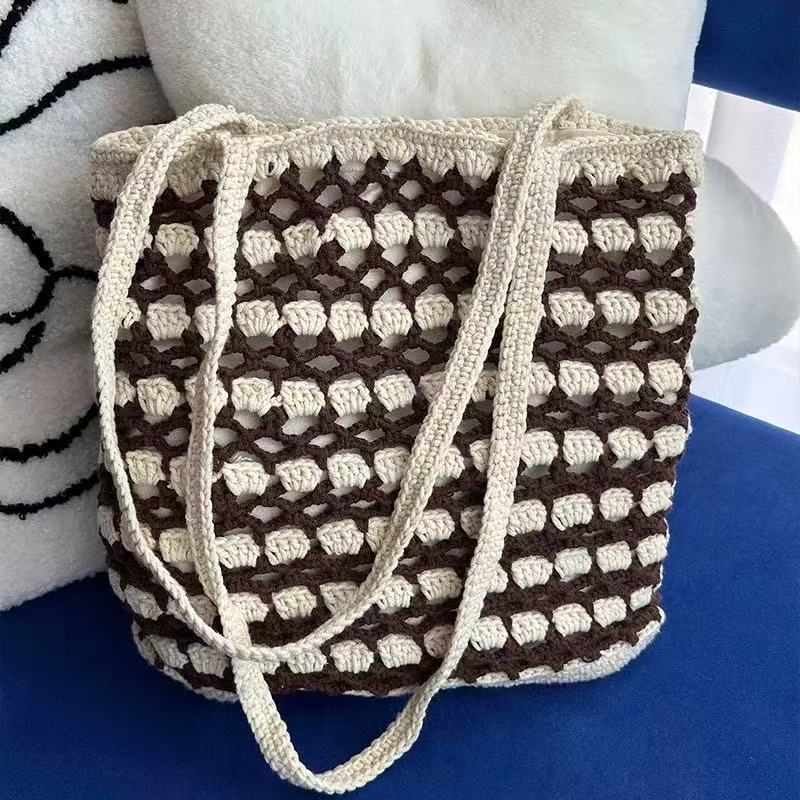 Handmade Waffle Crochet Shoulder Bag – Cotton Yarn Tote for Everyday Use