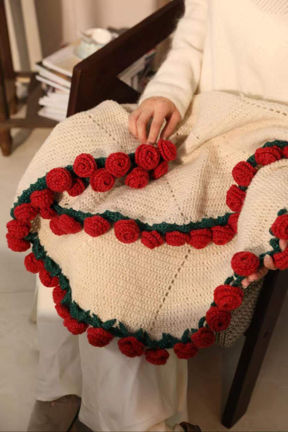 Crocheted Bouquet Blanket, Handmade Soft, Lightweight, and Romantic Rose Knitted Shawl Blanket.  the perfect gift for Mom or Friends..