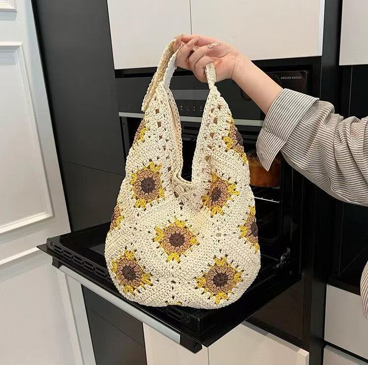 Handcrafted Sunflower Cotton Shoulder Bag – Versatile Beach & Casual Tote