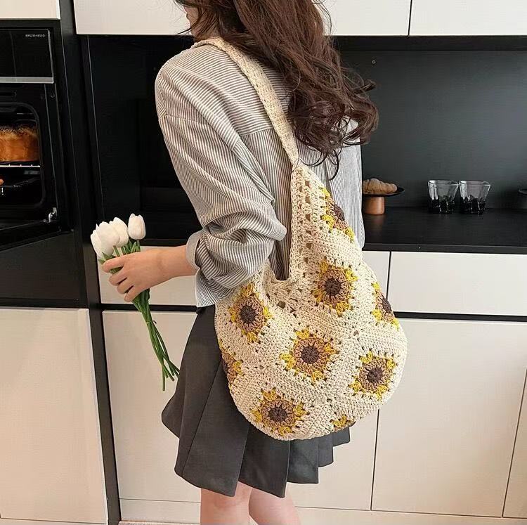 Handcrafted Sunflower Cotton Shoulder Bag – Versatile Beach & Casual Tote