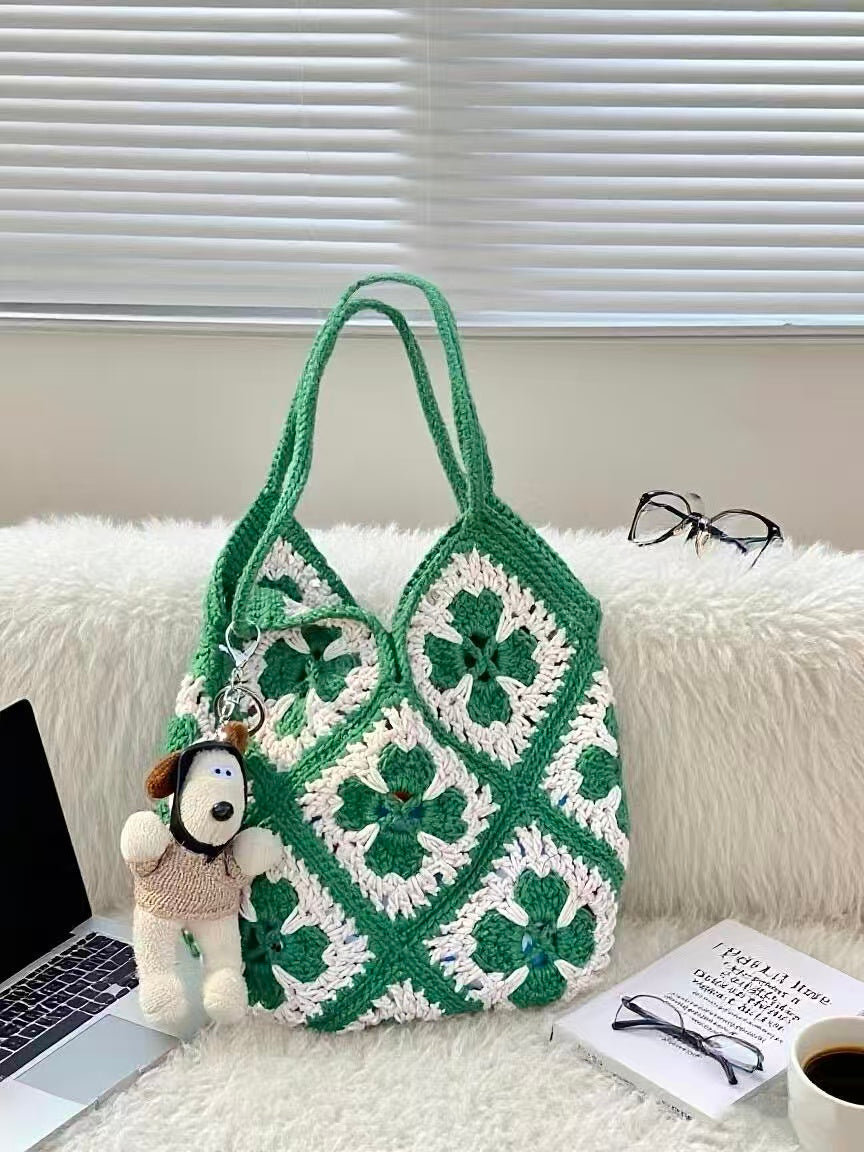 Handmade Crochet Tote Bag, Lucky Clover Knitted Shoulder Bag, Large Capacity Casual Purse for Work and Daily Use