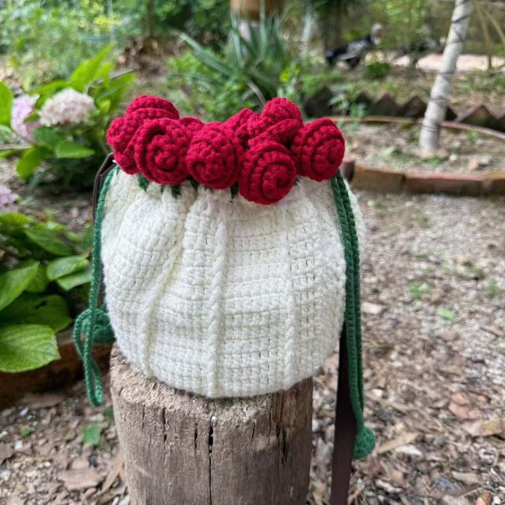 Handmade Crochet Rose Drawstring Bag, Romantic Flower Bouquet Crossbody Purse for Women, Kawaii Floral Knit Satchel Handbag