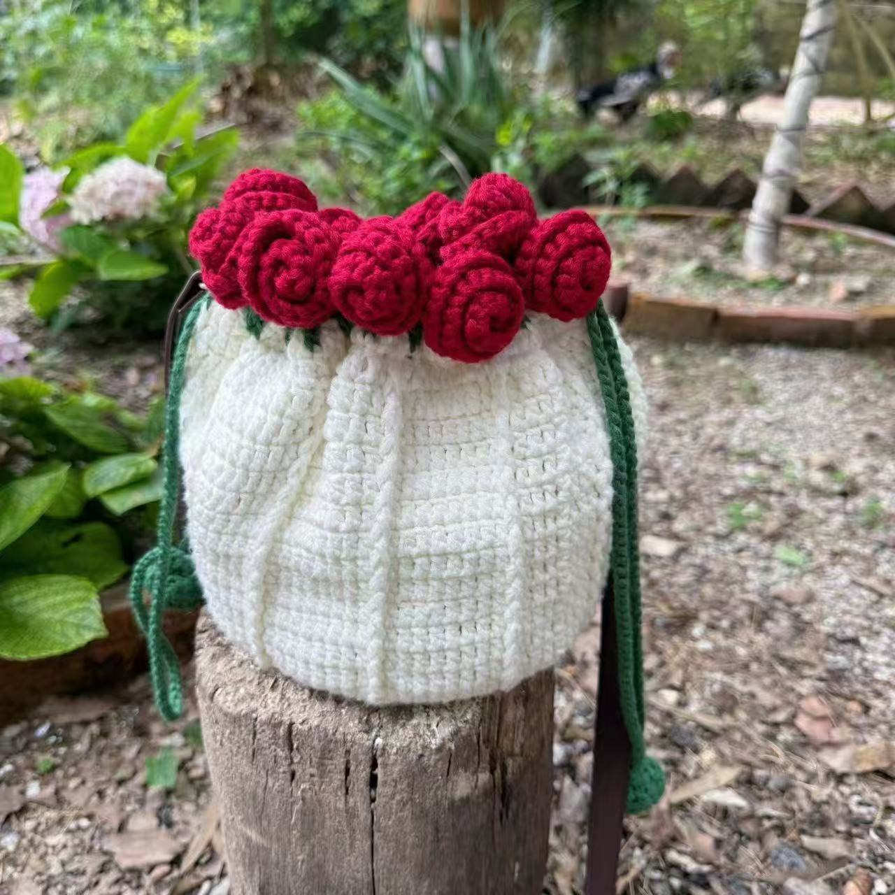 Handmade Crochet Rose Drawstring Bag, Romantic Flower Bouquet Crossbody Purse for Women, Kawaii Floral Knit Satchel Handbag