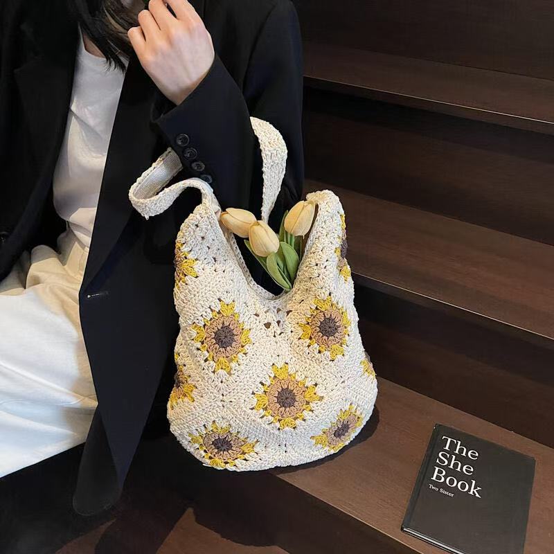 Handcrafted Sunflower Cotton Shoulder Bag – Versatile Beach & Casual Tote