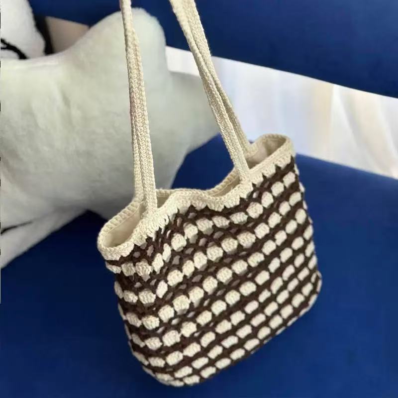 Handmade Waffle Crochet Shoulder Bag – Cotton Yarn Tote for Everyday Use