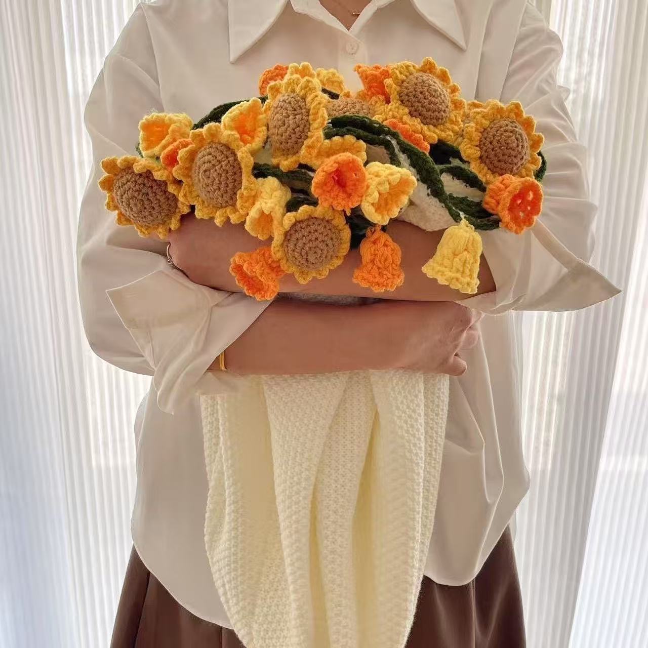 Sunflower Bouquet Blanket - Rustic Floral Throw, Hand-Knitted Puff Flower Blanket, Rose Bouquet Cozy Throw, Unique 3D Floral Design for Family, Friends & Partners.