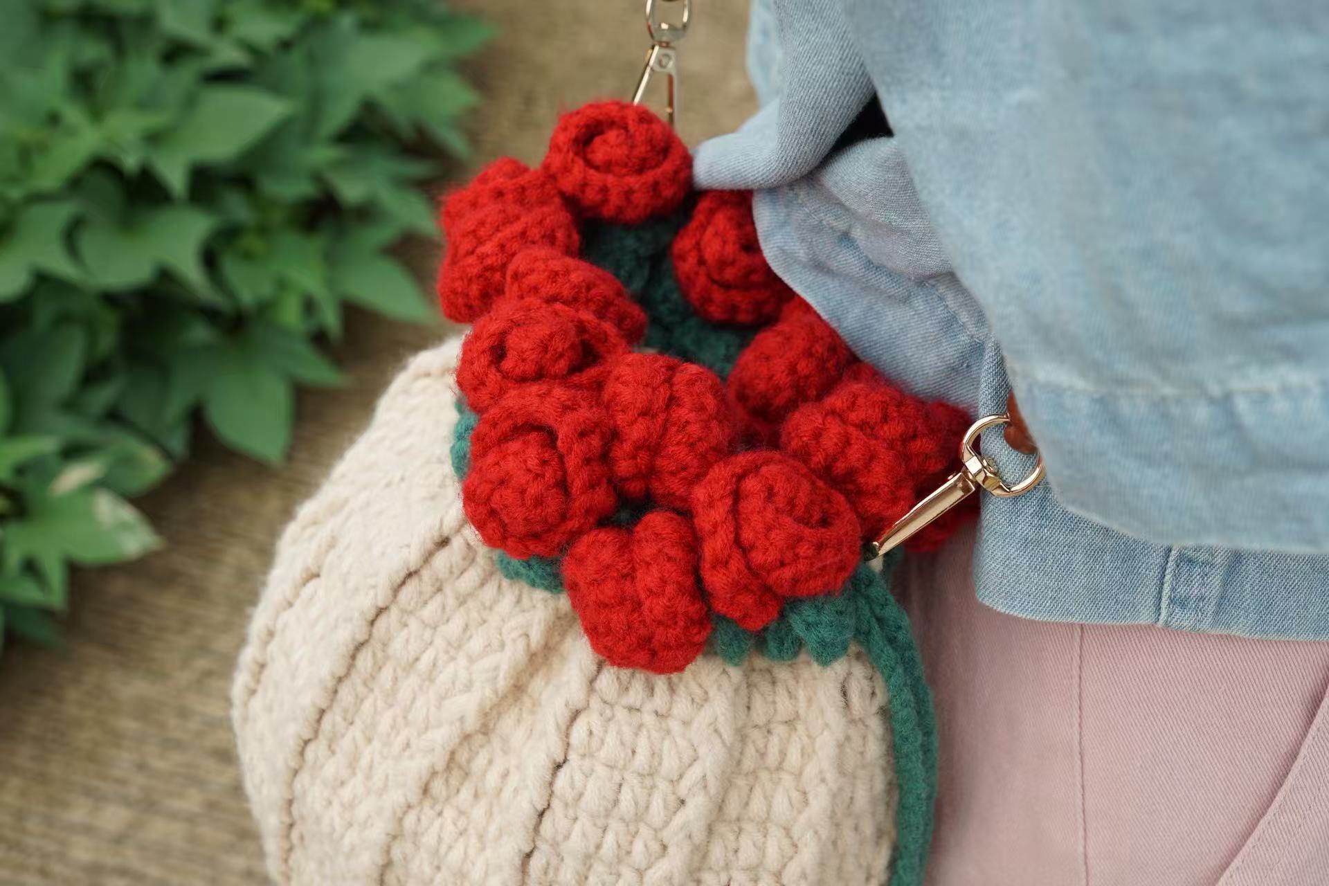 Handmade Crochet Rose Drawstring Bag, Romantic Flower Bouquet Crossbody Purse for Women, Kawaii Floral Knit Satchel Handbag
