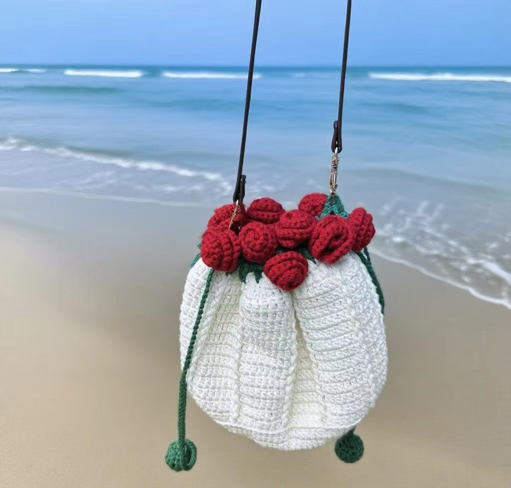 Handmade Crochet Rose Drawstring Bag, Romantic Flower Bouquet Crossbody Purse for Women, Kawaii Floral Knit Satchel Handbag
