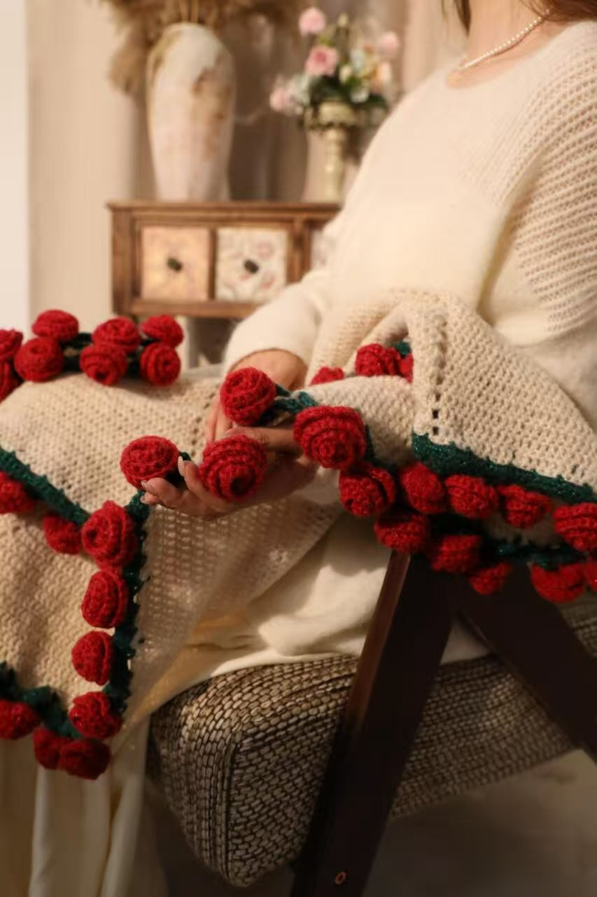 Crocheted Bouquet Blanket, Handmade Soft, Lightweight, and Romantic Rose Knitted Shawl Blanket.  the perfect gift for Mom or Friends..