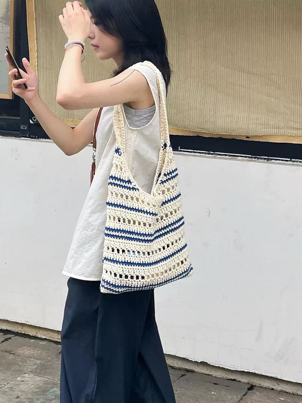 Handmade Crochet Cotton Bag – Hollow Knit Summer Shoulder Tote for Beach Days