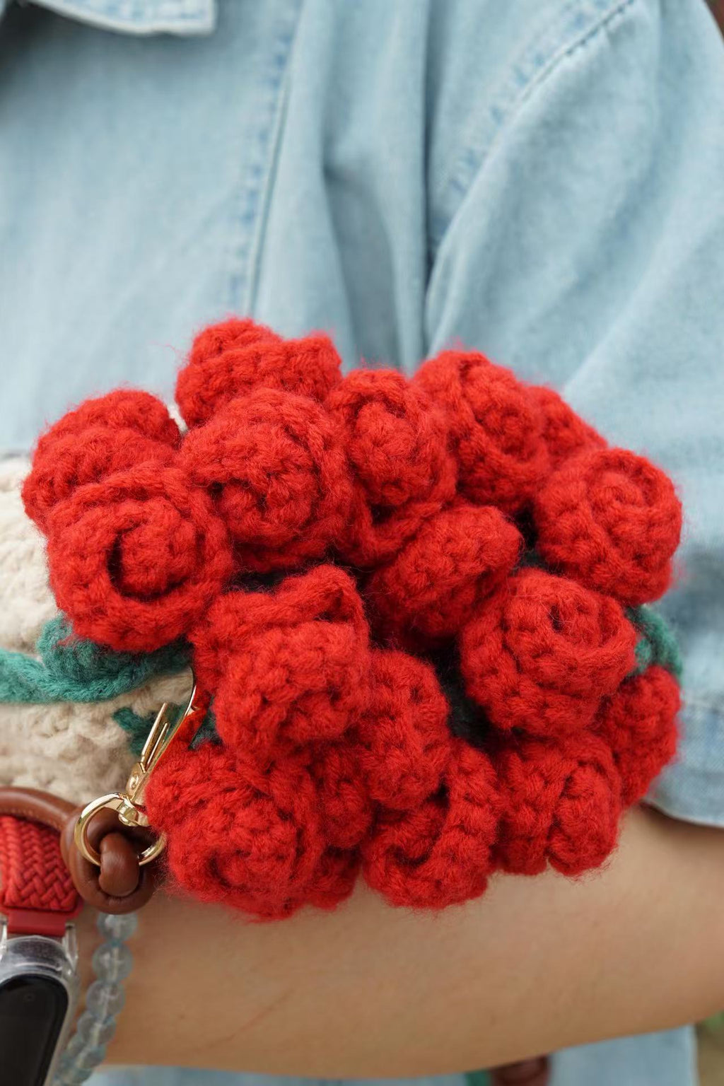 Handmade Crochet Rose Drawstring Bag, Romantic Flower Bouquet Crossbody Purse for Women, Kawaii Floral Knit Satchel Handbag