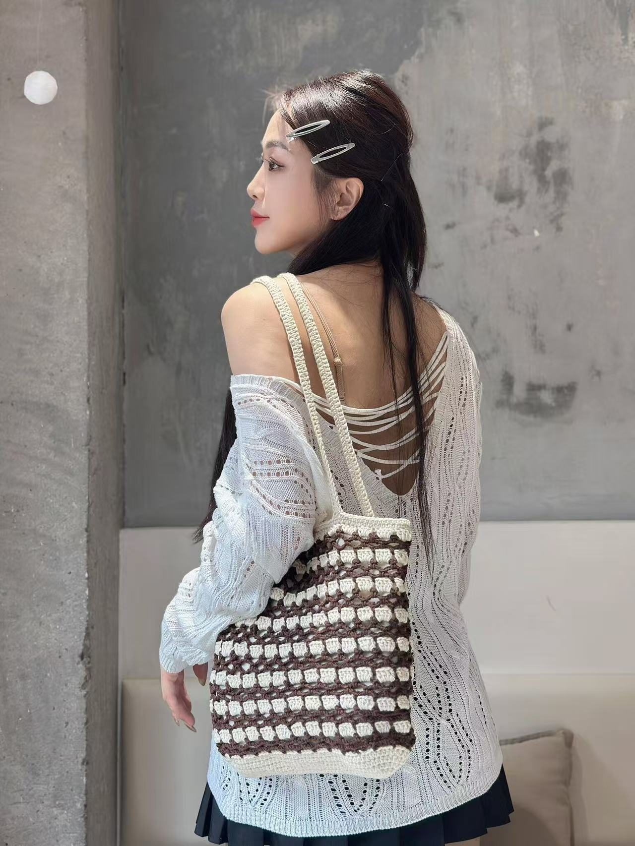 Handmade Waffle Crochet Shoulder Bag – Cotton Yarn Tote for Everyday Use