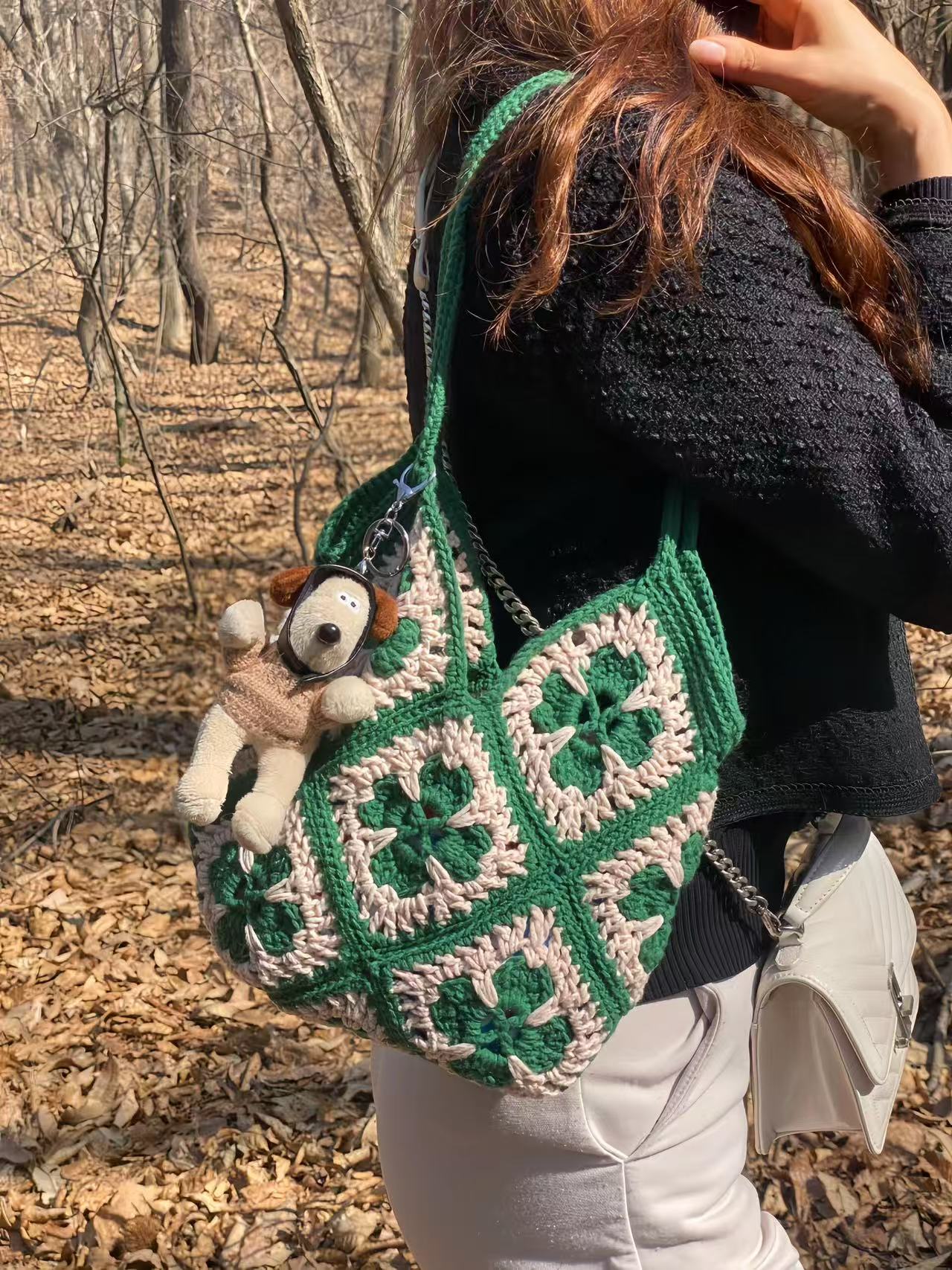 Handmade Crochet Tote Bag, Lucky Clover Knitted Shoulder Bag, Large Capacity Casual Purse for Work and Daily Use