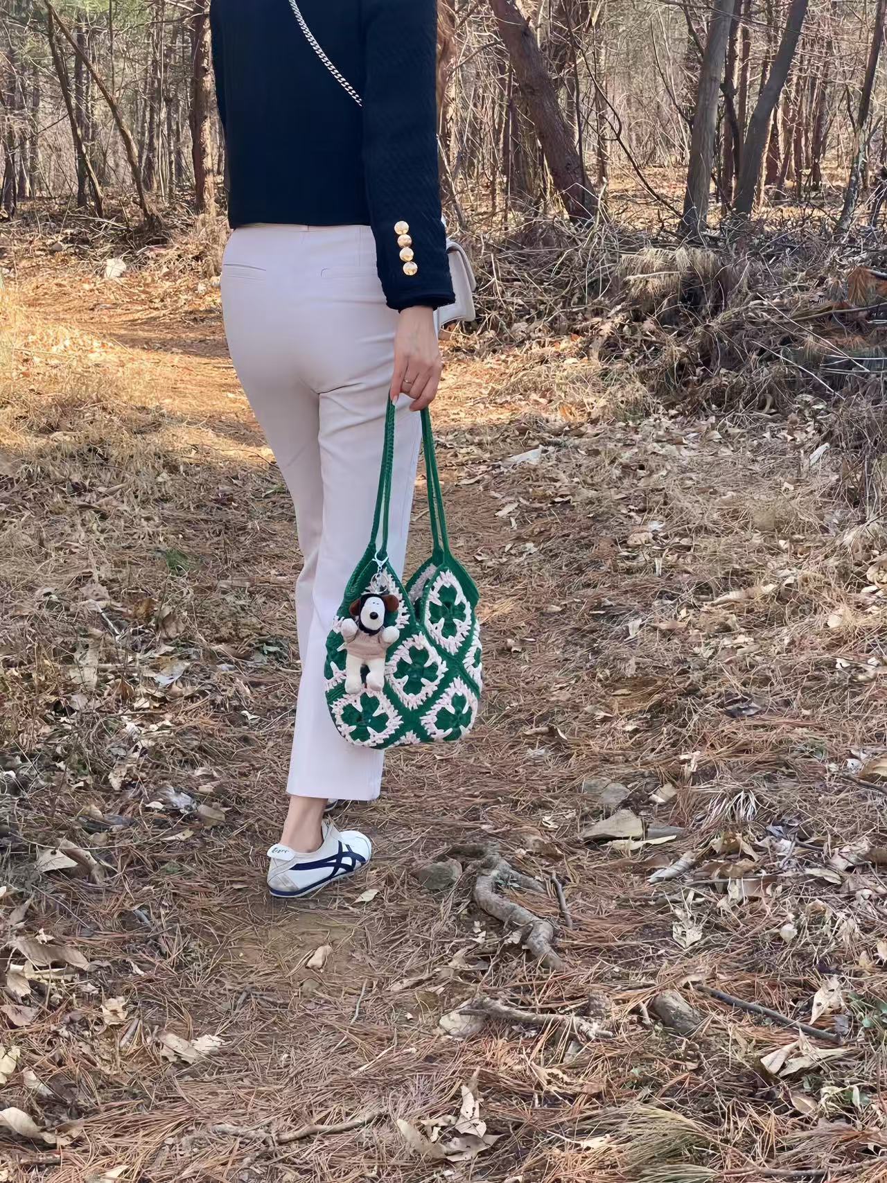 Handmade Crochet Tote Bag, Lucky Clover Knitted Shoulder Bag, Large Capacity Casual Purse for Work and Daily Use