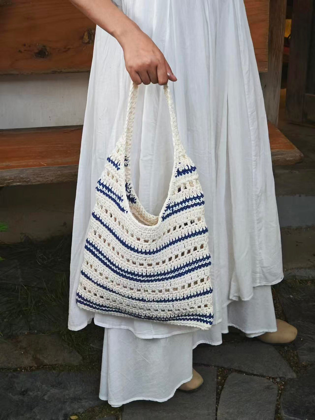 Handmade Crochet Cotton Bag – Hollow Knit Summer Shoulder Tote for Beach Days