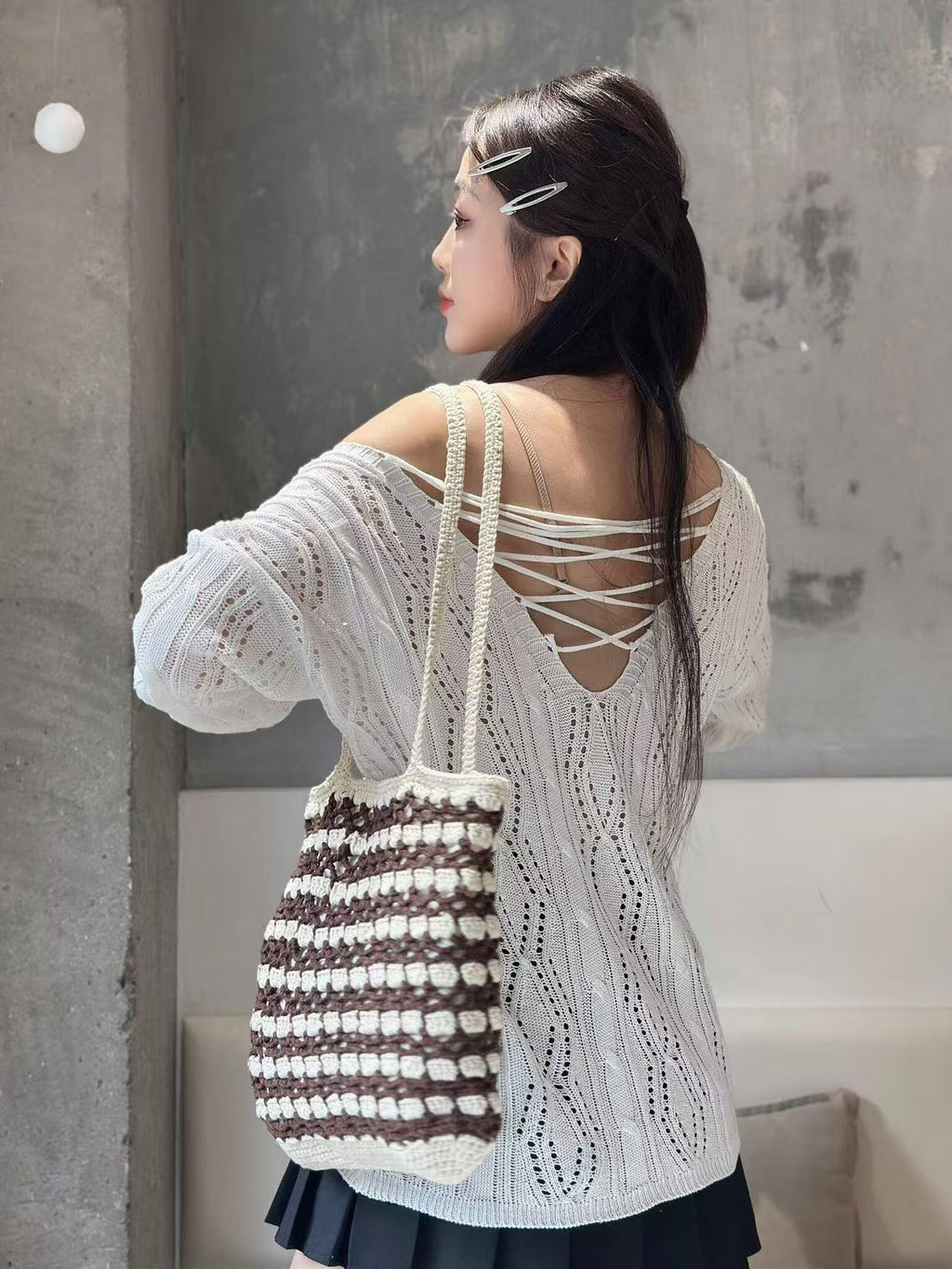 Handmade Waffle Crochet Shoulder Bag – Cotton Yarn Tote for Everyday Use