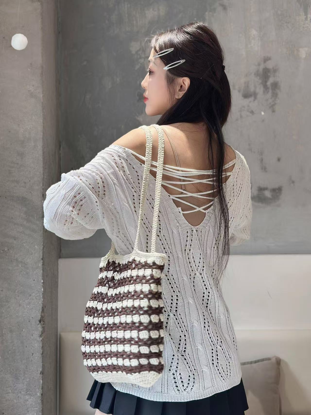 Handmade Waffle Crochet Shoulder Bag – Cotton Yarn Tote for Everyday Use