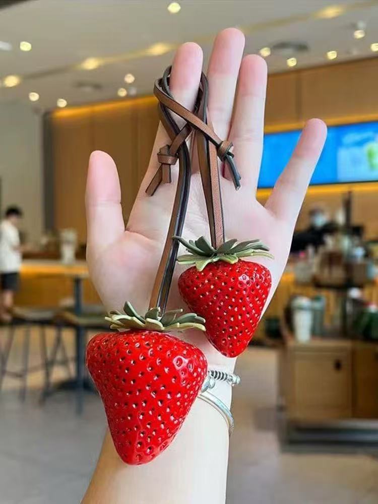 4 Strawberry Charm Keychain –  Red & pink Fruit Pendant for Bags & Cars