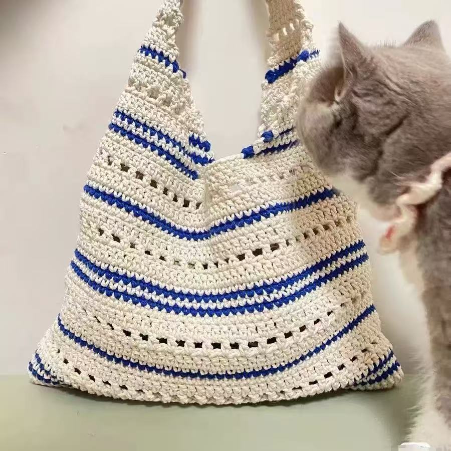 Handmade Crochet Cotton Bag – Hollow Knit Summer Shoulder Tote for Beach Days